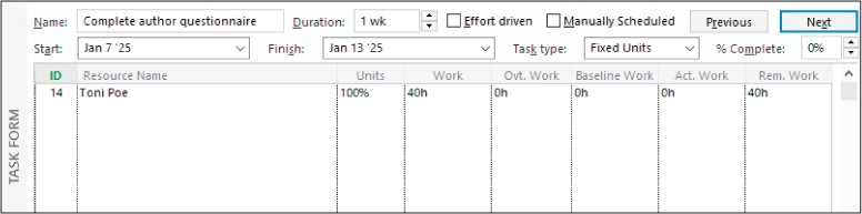 A screenshot of the Task Form showing Work details.