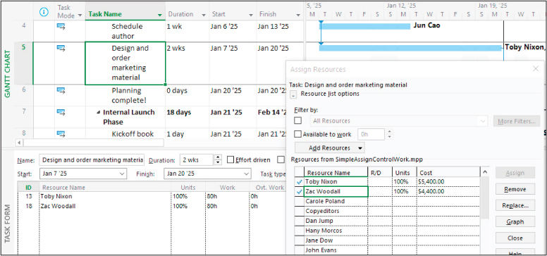 A screenshot of a Gantt Chart split view showing work being added with a second resource.
