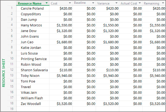 A screenshot of the Resource Sheet view showing cost details.