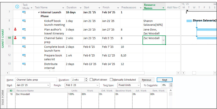 A screenshot of a split view with Gantt Chart in the upper pane showing the Resource Names column.