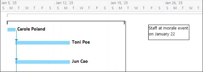 A screenshot of Gantt Chart view with a text box on it.