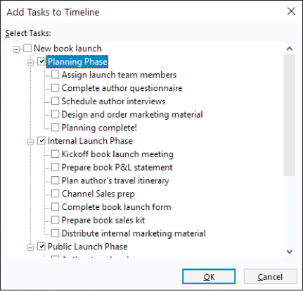 A screenshot of the Add Tasks to Timeline dialog.