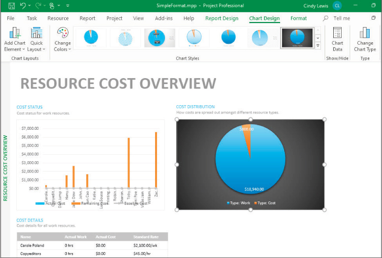 A screenshot of a report chart object being modified with a style.