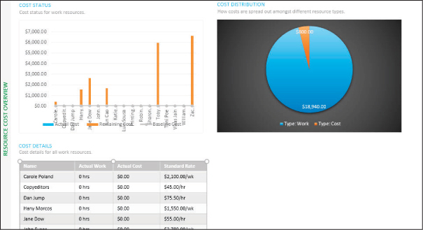 A screenshot of the table element of the Resource Cost Overview report formatted with styles.