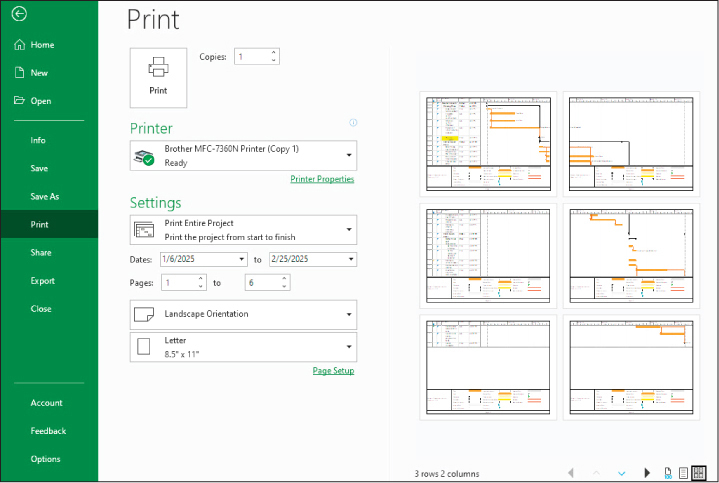 A screenshot of the Print page in Backstage view showing multiple pages.