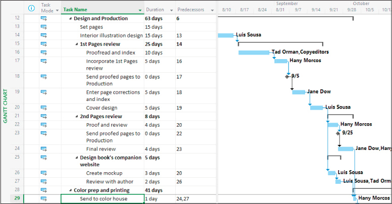 A screenshot of Gantt Chart standard formatting.