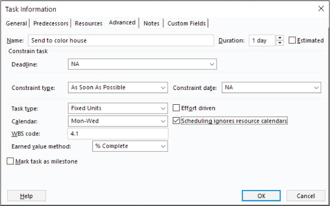 A screenshot of the Task Information dialog showing the calendar options.