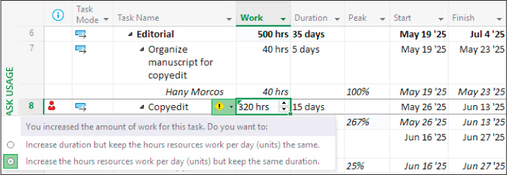 A screenshot of the Actions list displayed by selecting the Actions button in the Work field.