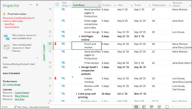 A screenshot of the results from the Task Inspector shown in the Inspector pane.
