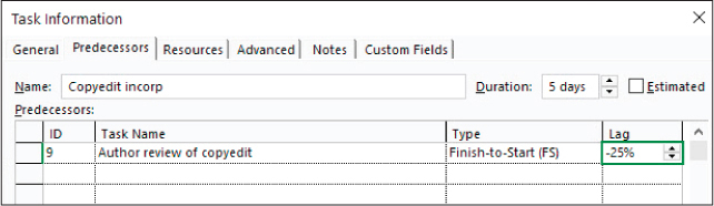 A screenshot of the Predecessor’s tab of the Task Information dialog.