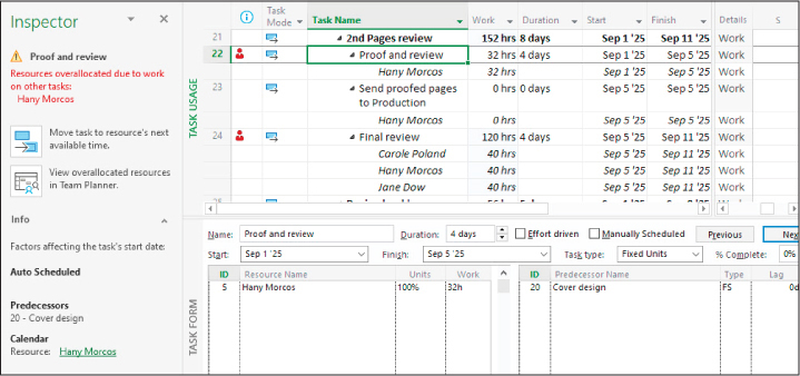 A screenshot of Task Inspector showing suggestions for solving resource overallocations.