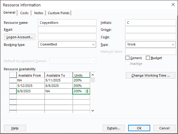 A screenshot of the Resource Information dialog showing resource availability on the General tab.