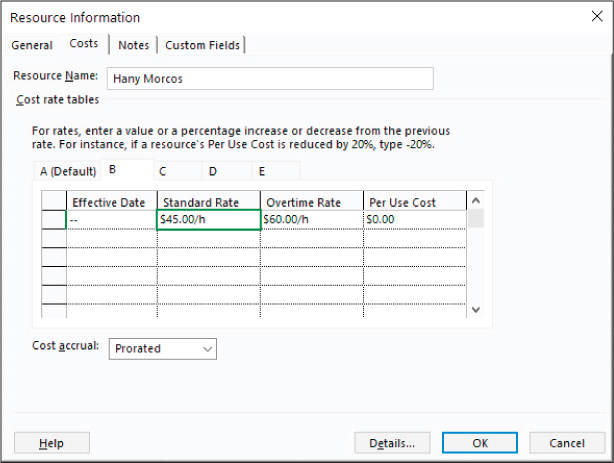 A screenshot of the Resource Information dialog showing cost rate table B on the Costs tab.