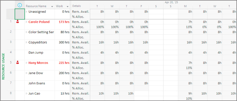 A screenshot of the Resource Usage view showing % Alloc. and Rem. Avail. on the daily timescaled grid.