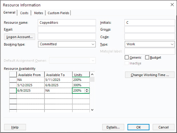 A screenshot of the Resource Information dialog showing resource availability periods on the General tab.