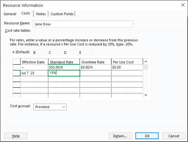 A screenshot of the Resource Information dialog showing an effective date and pay increase percentage on cost rate table A on the Costs tab.