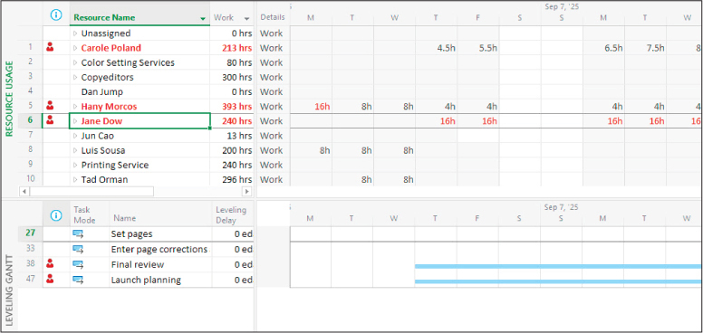 A screenshot of Resource Allocation view showing overallocated resources.