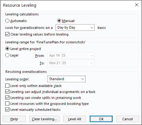 A screenshot of the Resource Leveling dialog showing the default settings