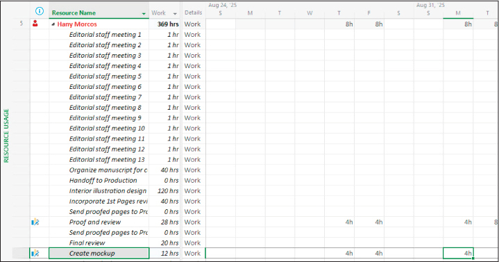 A screenshot of the Resource Usage view showing edited hours per day for Hany Morcos on multiple assignments.