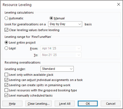 A screenshot of the Resource Leveling dialog showing the default settings.