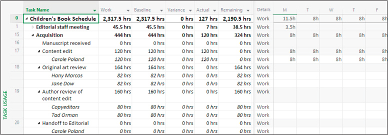 A screenshot of Task Usage view showing work totals on the left and daily values on the right.