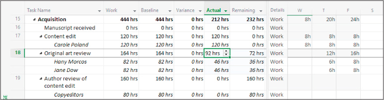 A screenshot of Task Usage view showing 46 actual hours calculated for each of the two resources.