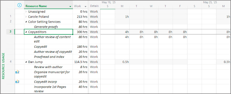 A screenshot of the Resource Usage view showing totals by resource on the left and daily values on the right.