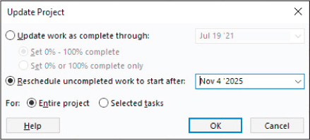 A screenshot of the Update Project dialog showing rescheduling project work.