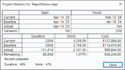 A screenshot of the Project Statistics dialog showing variance from baseline.
