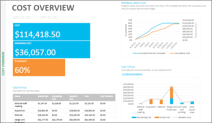 A screenshot of the Cost Overview report showing overall summary cost details, a comparison of progress versus cost, and cost status for summary tasks.