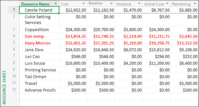 A screenshot of the Resource Sheet view with the Cost table.