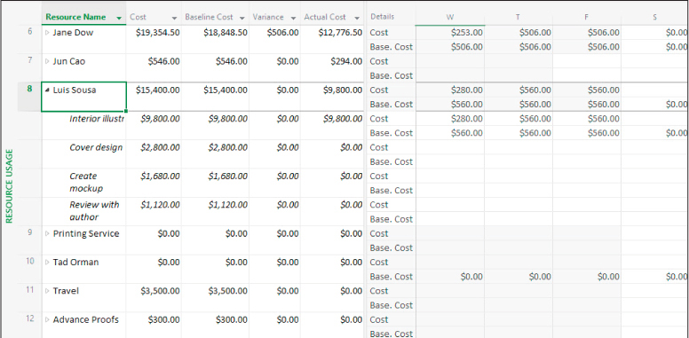 A screenshot of the Resource Usage view with the Cost table showing Cost and Baseline Cost in the timephased grid.
