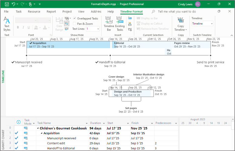 A screenshot of the Gantt Chart view with Timeline view in the upper pane showing multiple timeline bars formatted with different date ranges.