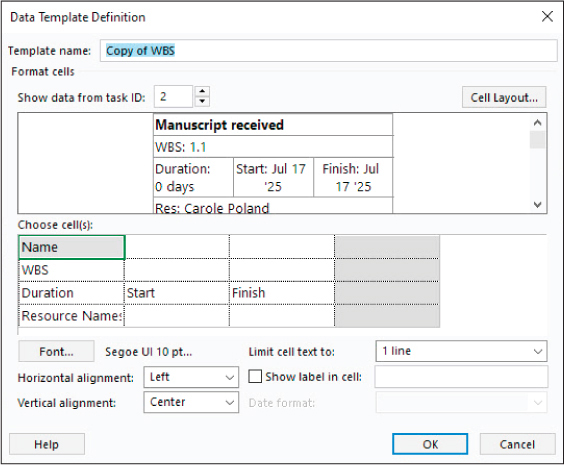 A screenshot of the Data Template Definition dialog showing how to create a new template that includes a WBS code.
