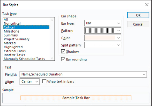 A screenshot of the Bar Styles dialog showing Critical bars with a customized pattern and color.