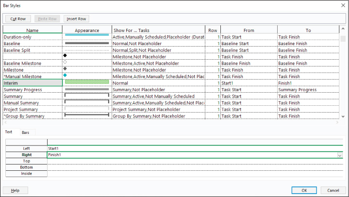 A screenshot of the Bar Styles dialog with fields selected to show text on each side of the Interim bar.