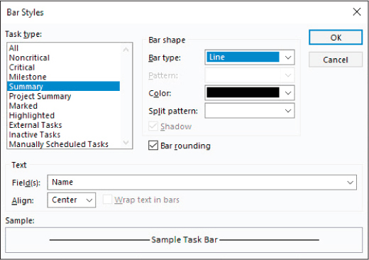 A screenshot of the Bar Styles dialog showing a line bar type applied to summary tasks.
