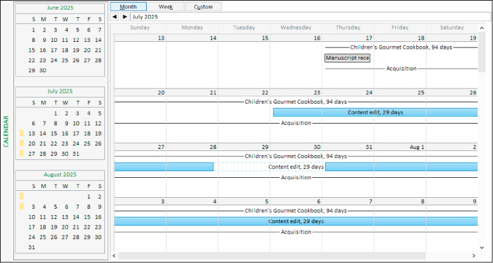 A screenshot of the Calendar view showing summary tasks as previously formatted.