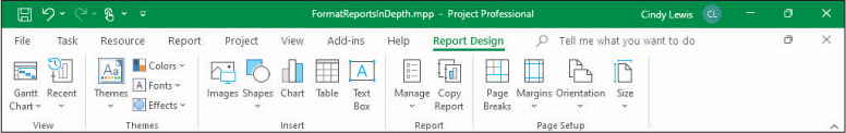 A screenshot of the ribbon on the Report Design tab showing options for inserting report elements.