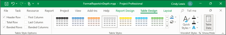 A screenshot of the ribbon on the Table Design tab showing table options.