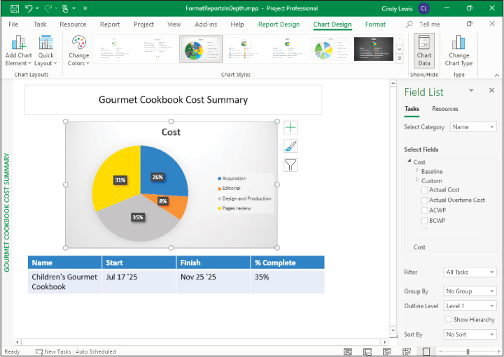 A screenshot of a custom report with a pie chart and a table where the pie chart has been simplified.