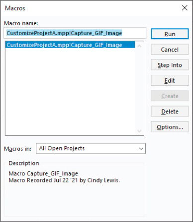 A screenshot of the Macros dialog with a new macro listed.