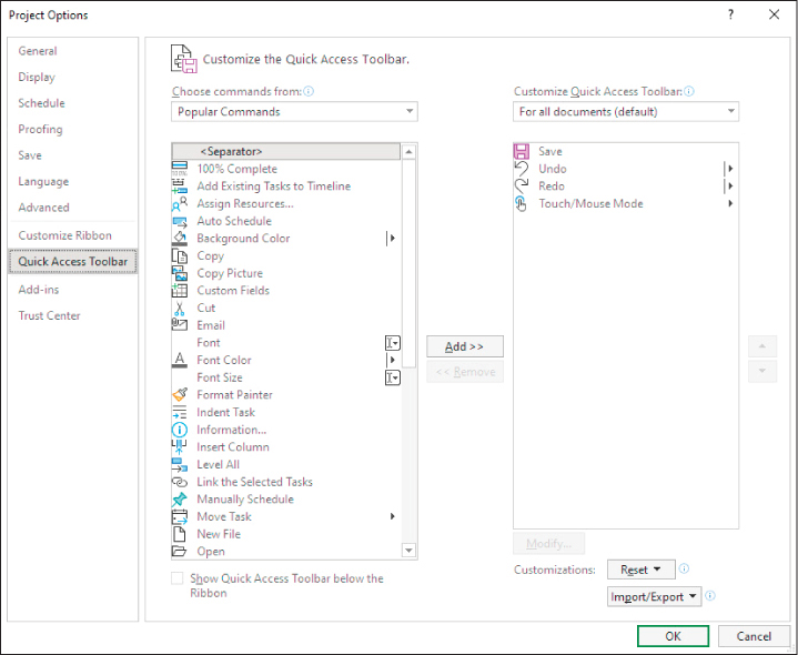A screenshot of the Project Options dialog on the Quick Access Toolbar page.