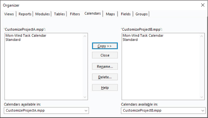 A screenshot of the Organizer dialog on the Calendars tab with the Mon-Wed Task Calendar copied from CustomizeProjectA to CustomizeProjectB.
