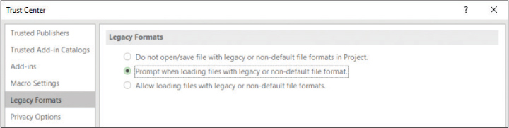 A screenshot of the Trust Center dialog showing the Legacy Formats page with the option Prompt when loading files with legacy or non-default file format selected.