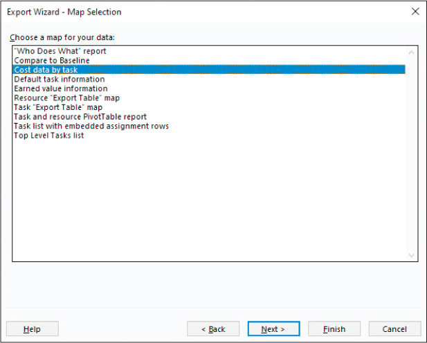 A screenshot of the Import Wizard – Map Selection page with Cost data by task selected.