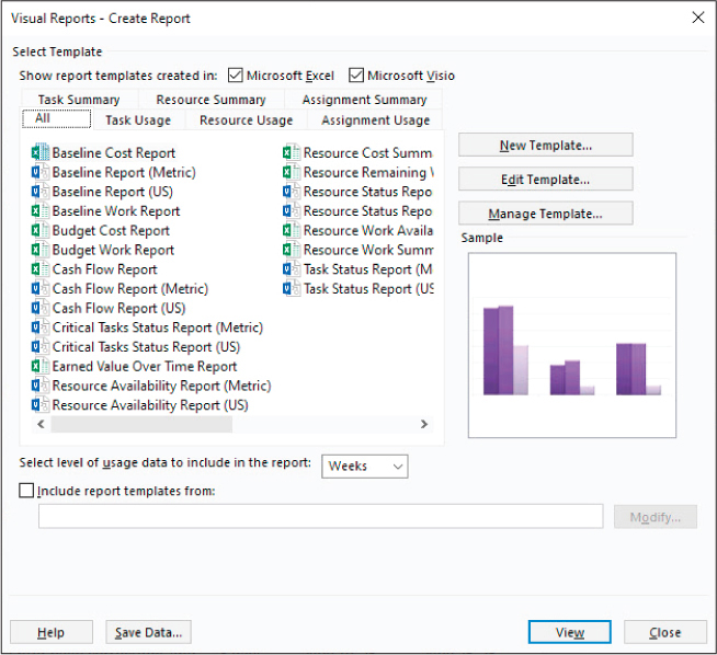 A screenshot of the Visual Reports dialog showing Excel and Visio reports.
