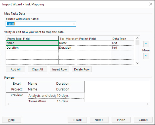 A screenshot of the Import Wizard – Task Mapping page showing the fields Name and Duration mapped from Excel to Project.