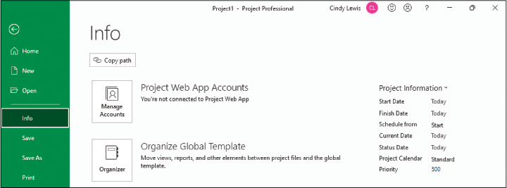 A screenshot of the Info page in the Backstage view showing that Project is not connected to Project Web App.