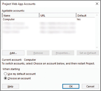 A screenshot of the Project Web App Accounts dialog showing the option to choose an account when starting.